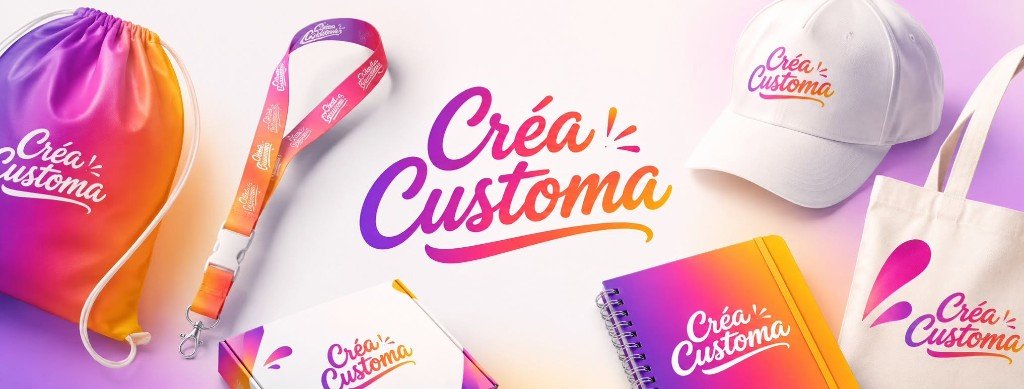 Goodies personnalisés Créa Customa — casquette, tote bag, carnet, lanyard